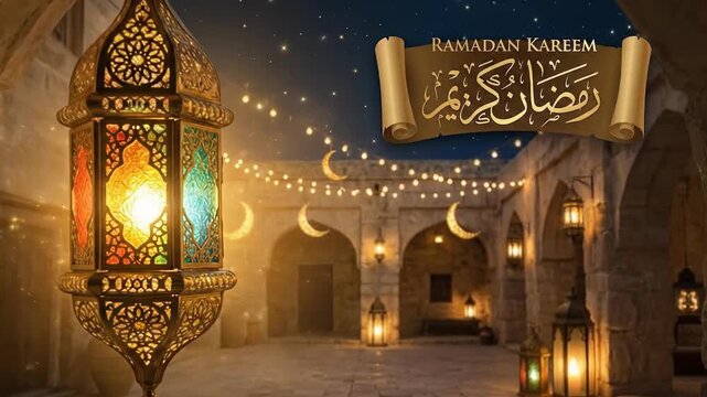 An enchanting night scene showcases an intricately designed brass lantern, emitting a warm, vibrant glow from its colorful glass panels. The rich, ornate patterns of the lantern's metalwork are highli