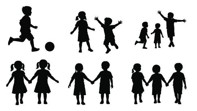 A collection of black silhouettes depicting children playing and holding hands silhouette