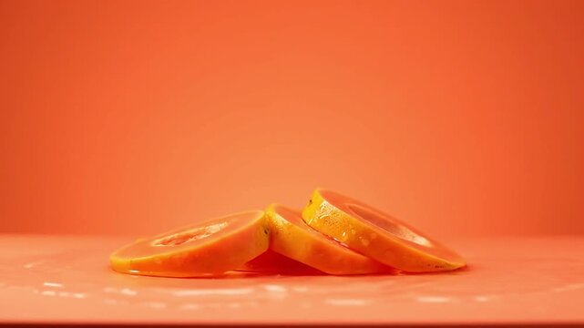 Fresh papaya rings splashing into clear water with droplets on a vibrant coral background.
