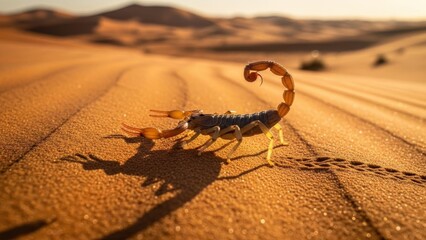 Scorpion walking on sand in desert landscape with mountains