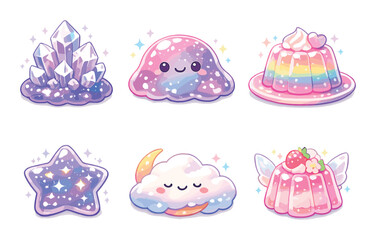 Naklejka premium Cute kawaii characters: rainbow jelly, starry cloud, crystal, and more