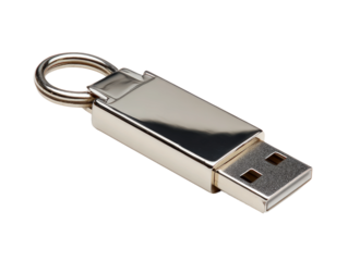 Shiny, silver USB flash drive isolated on a clean surface. The USB drive is simple and modern in design Isolated Transparent Background, PNG