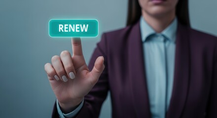Businesswoman pressing glowing renew button on virtual interface