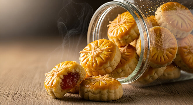 Golden Baked Pineapple Tarts with Sweet Jam Filling, Traditional Asian Pastry, Delicious Homemade Cookies, Food Photography for Festive Occasions, Close-up Macro Shot