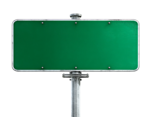 Blank green road sign with space for text. A signpost in an urban setting, the sign is clean and sharp. A road sign waiting for your words Isolated Transparent Background, PNG