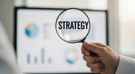 Magnifying glass highlighting the word strategy over financial data displayed on a business computer screen