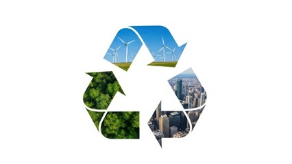 Sustainable recycling symbol with eco-friendly elements and urban landscape