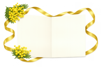 Mimosa flowers and golden ribbon frame greeting card mock-up
