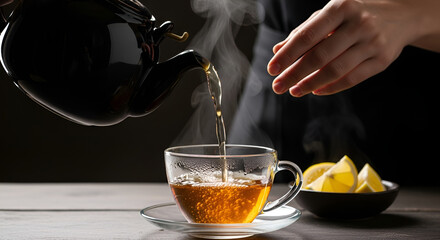 Hot Tea Pouring into Glass Cup with Lemon Slices, Steam Rising, Cozy Beverage Photography, Refreshment and Relaxation Concept