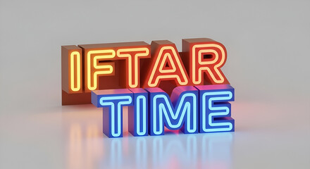 Iftar Time 3D Render Typography Illustration with Neon Lights and Copy Space, Ramadan Islamic Holiday Celebration Concept