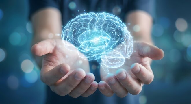 Digital glowing human brain hologram held in open hands, concept of artificial intelligence, neuroscience, thinking, and mental health technology in a dark blue futuristic setting - Powered by Adobe
