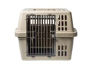 A beige pet carrier, designed for safe and comfortable pet travel. The carrier has a secure metal door and ventilation slits, ensuring the animal's well-being Isolated Transparent Background, PNG