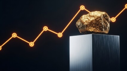 Golden nugget on pedestal with rising graph background