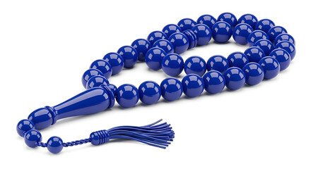 Islamic Prayer Beads Rosary Tasbih Blue Shiny Beads with Tassel and Tassel, Isolated on White Background, Religious Symbol, Spiritual Item, Photography