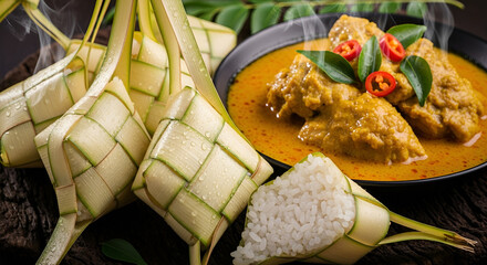 Ketupat Rice Cakes and Chicken Rendang Curry, Traditional Southeast Asian Festive Food Photography for Culinary and Travel Niches