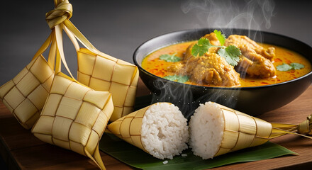 Ketupat Rice Cakes and Chicken Curry in Bowl, Traditional Southeast Asian Festive Food Photography for Culinary and Travel Blogs