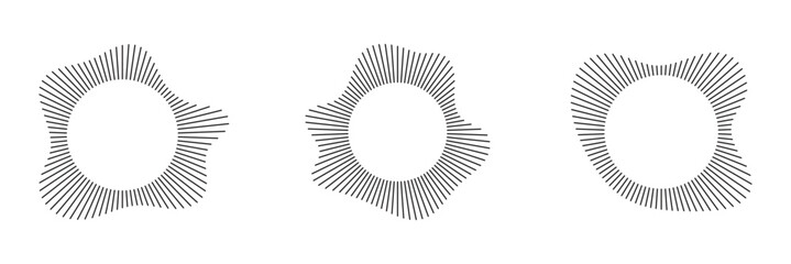Circular sound waves, depicting audio music, round symbols of voice, icons and logos for equalizers, radial spectrum designs, ring patterns. Flat vector illustrations isolated on white background.