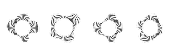 Circular sound waves, depicting audio music, round symbols of voice, icons and logos for equalizers, radial spectrum designs, ring patterns. Flat vector illustrations isolated on white background.