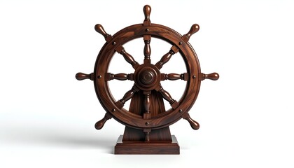 Fototapeta premium Wooden ship's wheel isolated on white background, casting a shadow