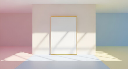 Minimalist Interior Mockup with Blank Frame and Soft Pastel Walls, Featuring Natural Light and Shadows for Display or Presentation