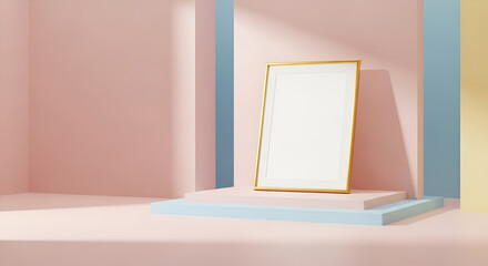 Minimalist Pink and Blue Stage Podium Mockup with Golden Frame for Product Display or Advertisement, Clean Studio Background with Soft Light and Shadows
