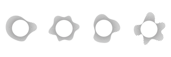 Circular sound waves, depicting audio music, round symbols of voice, icons and logos for equalizers, radial spectrum designs, ring patterns. Flat vector illustrations isolated on white background.
