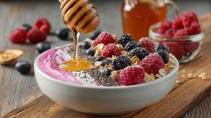 Thick yogurt topped with fresh berries and dripping sweet golden syrup in a white bowl