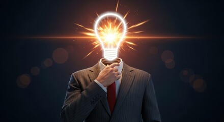 Businessman with a radiating lightbulb head on a mysterious dark background