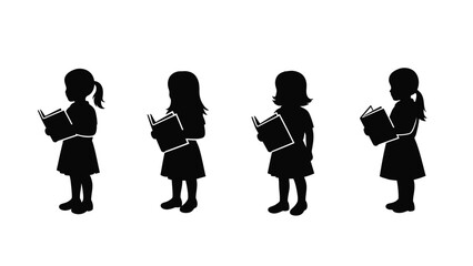 Four girls reading books in a row distinct black silhouette