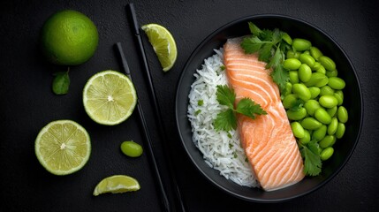 Fresh salmon fillet served over white rice with green beans and lime garnishes on dark surface