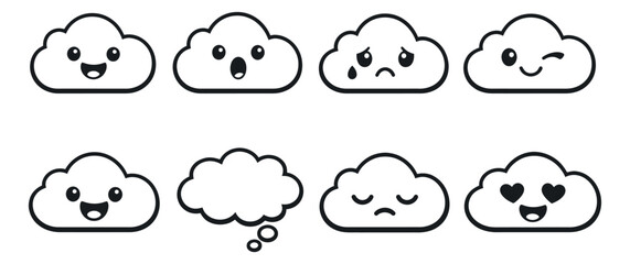 Obraz premium Cute line art cloud character emoji set featuring different emotions and expressions for weather forecasting or social media communication