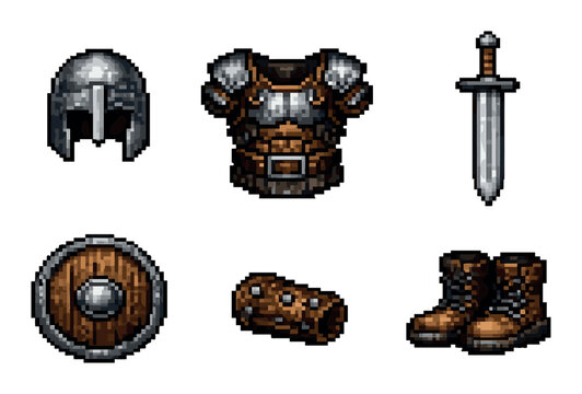 Pixel art medieval armor set with sword, helmet, shield, boots, and bracers