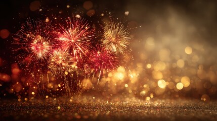 Brilliant red and gold pyrotechnics explode above a sparkling, illuminated foreground surface