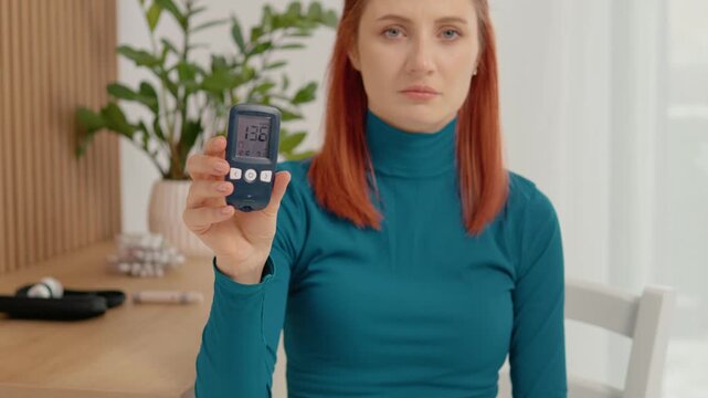A woman checks her blood sugar using a glucometer. She shows the reading of 136 mg dL, indicating a high glucose level. Awareness of health is important.