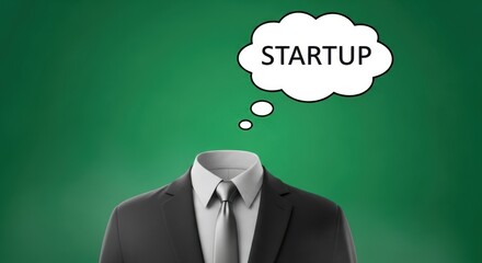 Business suit torso with a startup thought bubble on a green background