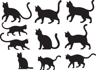 Black Cat Silhouette Collection Showing Multiple Walking Sitting Poses Vector