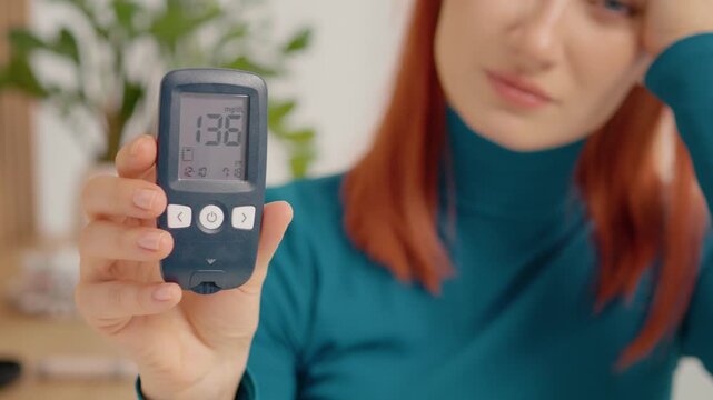 A woman holds a glucometer showing a reading of 136 mg dL. She appears concerned as she checks her blood sugar levels at home during the day.