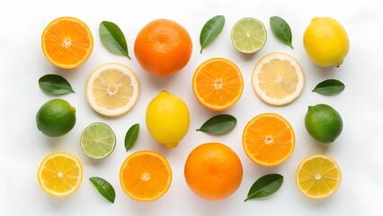 Fresh citrus fruit slices of orange, lemon, lime, and grapefruit isolated on a white background create a healthy, juicy, and colorful tropical diet composition rich in vitamins and freshness