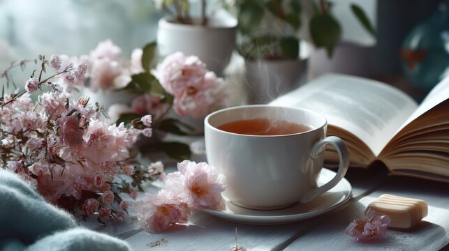 Cozy tea moment with book and flowers home still life relaxing