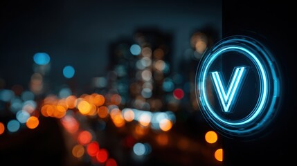 Digital blue 'V' symbol glowing brightly against a bokeh-filled urban night scene