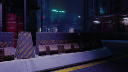 Naklejka premium In a dimly lit urban area, towering buildings rise in the background while neon lights flicker. Shadows cast over a barricade create an atmosphere of intrigue and mystery.