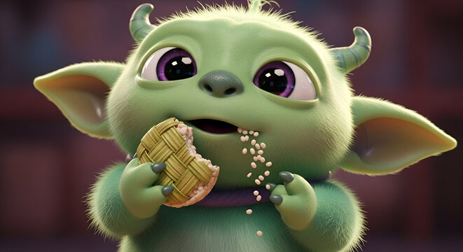 Cute Green Baby Monster Eating Cookie, Adorable 3D Render Character, Fantasy Creature for Children's Content and Game Design