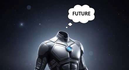 Headless robotic body with a future thought bubble in a dark space environment