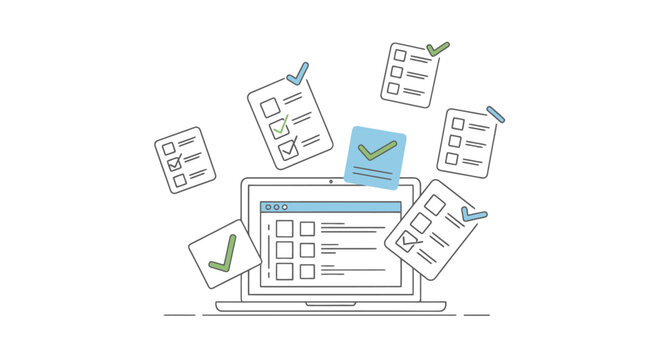 Digital survey collection process with electronic forms and completed checklist items on a computer screen and flying documents symbolizing accurate