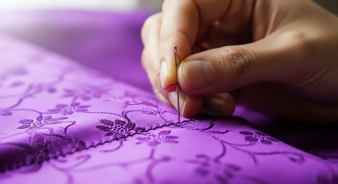 Hand sewing purple fabric with floral pattern