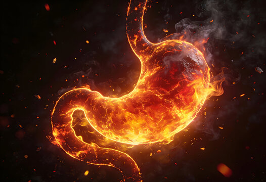 Medical illustration of human organ anatomy and burning stomach showing digestion problem with health acid reflux condition