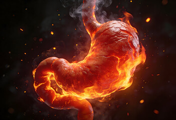 Internal health issues with human burning stomach in flames, illustration for medical use and anatomy studies