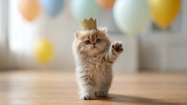 Adorable long haired kitten with a small golden crown celebrating its birthday. The tiny cat is playing on a wooden floor, with colorful party balloons visible in the soft focus background