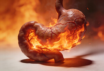 Close up view of stomach in flames representing burning sensation from acid reflux indigestion ulcers or other digestive problems