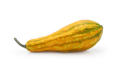 Small decorative yellow pumpkin isolated on white background. Natural autumn decor for home interior and exterior.	